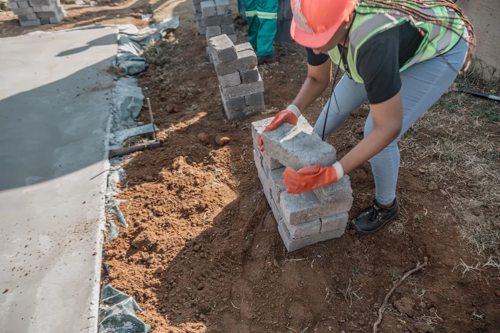 A team member in an orange hard hat laying paving blocks