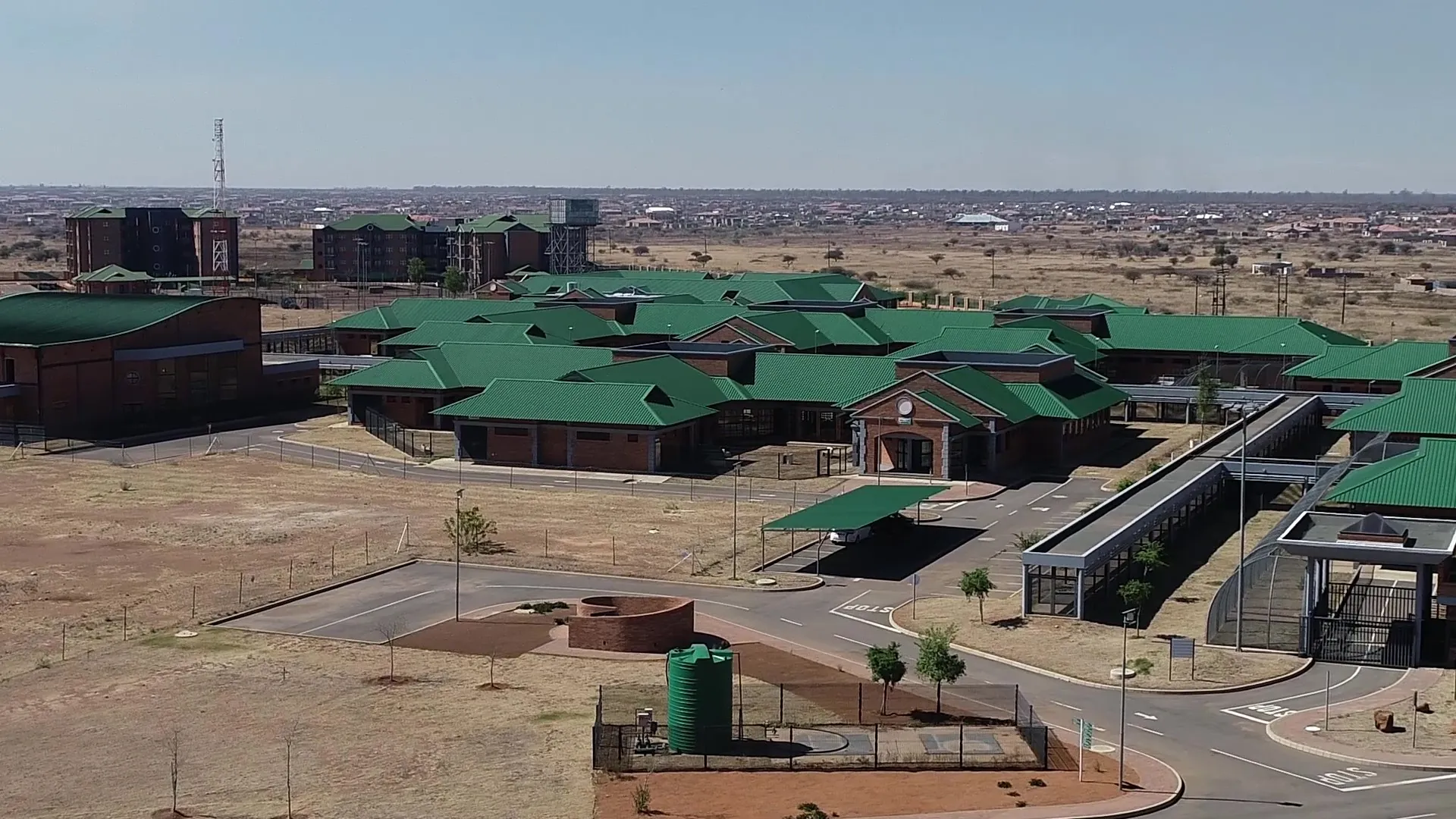 Aerial view of Bophelong Psychiatric Hospital, a campus of green-roofed buildings