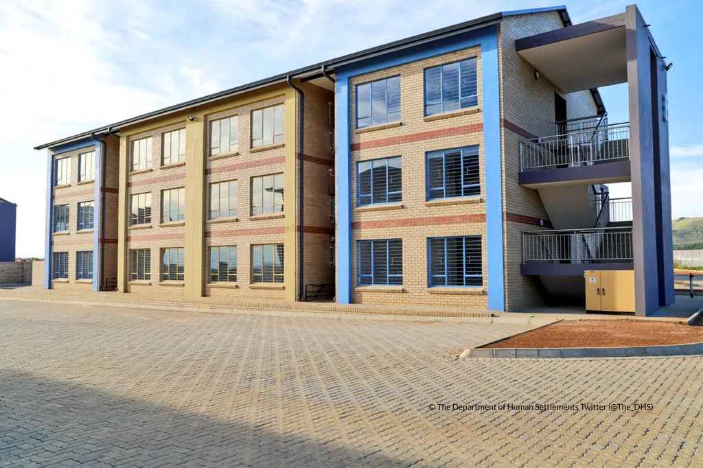 A three-storey residential block in face brick with blue balconies at Gabonewe Estate