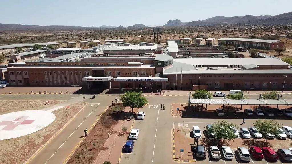 Aerial view of Moses Kotane Hospital with its helipad and parking area