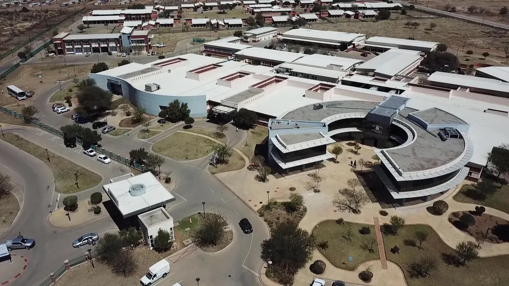 Aerial view of Vryburg Hospital with a circular central building