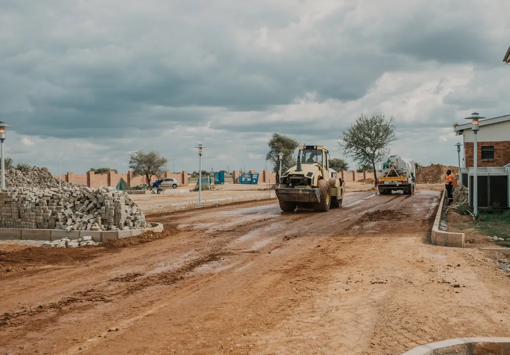 Earthworks under way on a construction site, with a roller on a graded road